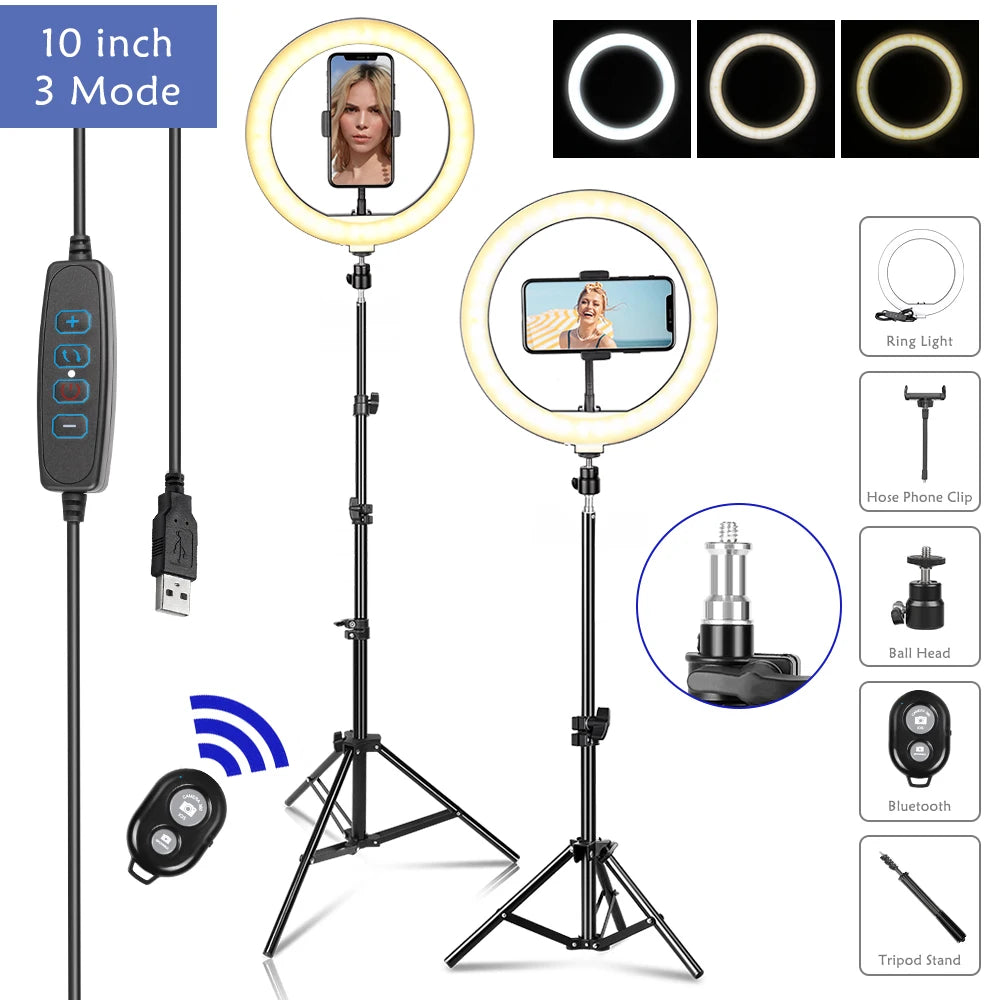 SH 10 inch 26cm Led Ring Light Photography Fill Lighting With Tripod Stand Holder Usb Charge Selfie Led Lamp For Streaming Video