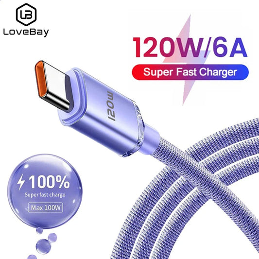 120W USB C Fast Charging Cable 0.25M/1M/1.5m/2M Quick Charge 6A Super Fast Cahrger For Samsung Xiaomi Huawei Type C Cable