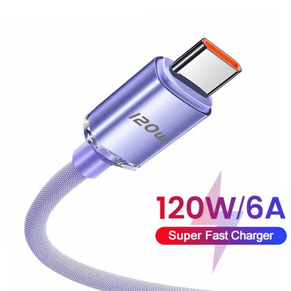 120W USB C Fast Charging Cable 0.25M/1M/1.5m/2M Quick Charge 6A Super Fast Cahrger For Samsung Xiaomi Huawei Type C Cable