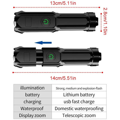 Starker LED-Taschenlampe: Wiederaufladbar, USB, 100.000 Lumen, wasserdicht, Zoom, für Angeln, Jagen, Camping