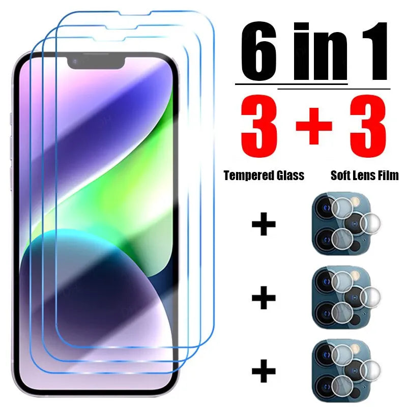 6-in-1 Schutzglas für iPhone – Gehärtetes Glas für Kamera und Bildschirm, passend für iPhone 14 Pro Max, 13 Pro Max, XR, XS, X, 11, 12 Pro, 6, 7, 8 Plus und SE.