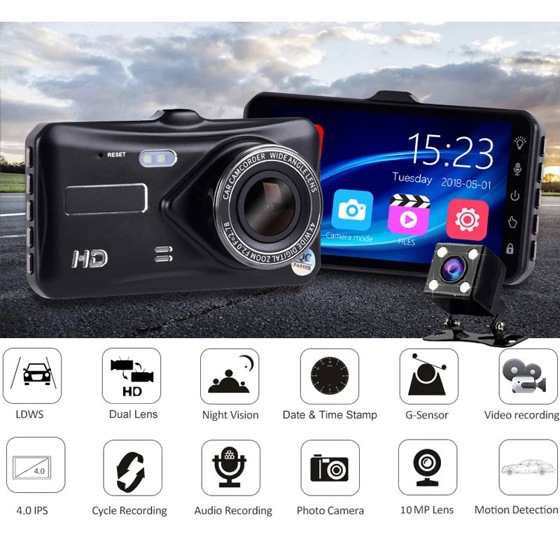 Dashcam mit Front- und Rückkamera, CAR DVR, Fahrzeug-Blackbox, FULL HD 1080P, Nachtsicht, Fahrerrekorder