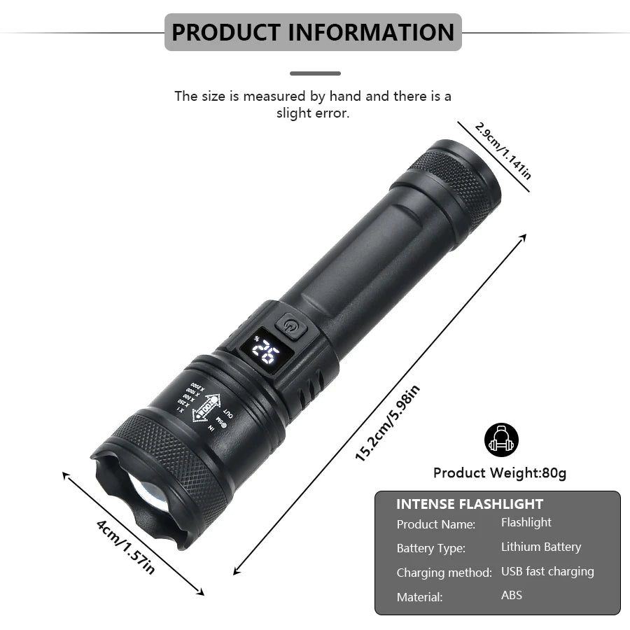 LED-Taschenlampe USB-Aufladbar mit Batteriestatus und Zoom (Leistungsstarke 9900LM)