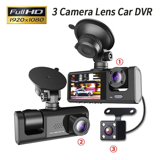 3-Kanal Auto-DVR – HD 1080P, 3-Linsen Dashcam für Innen- und Außensicht, Videoaufzeichnung und Camcorder.