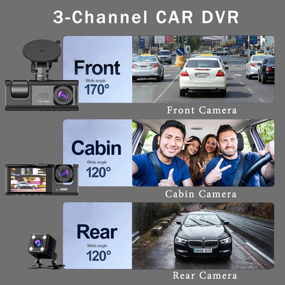 3-Kanal Auto-DVR – HD 1080P, 3-Linsen Dashcam für Innen- und Außensicht, Videoaufzeichnung und Camcorder.