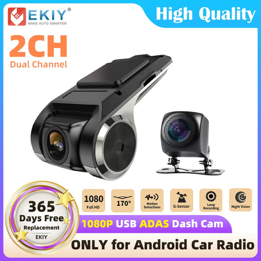 Dashcam, 2-Kanal, Full HD 1080P, Auto-DVR, USB, ADAS-Video-Rekorder, Nachtsicht, Front- und Rückkamera, für Android-Autoradio