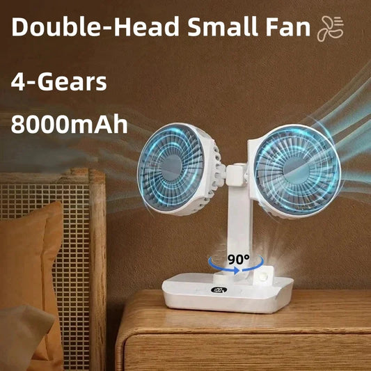 2024 New Desktop Double Head Fan 4-Gears Wind Fast Cooling Digital Display 8000mAh Large Capacity Household Shaking Head Fan