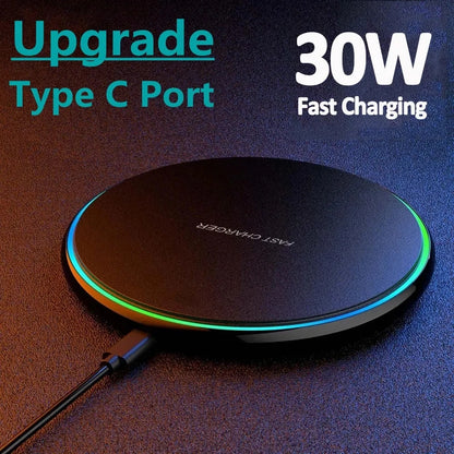 Wireless Charger 30W  – Schnelles Induktionsladegerät für iPhone 15, 14, 13, 12 Pro Max, Samsung S23/S22, Xiaomi und Huawei.