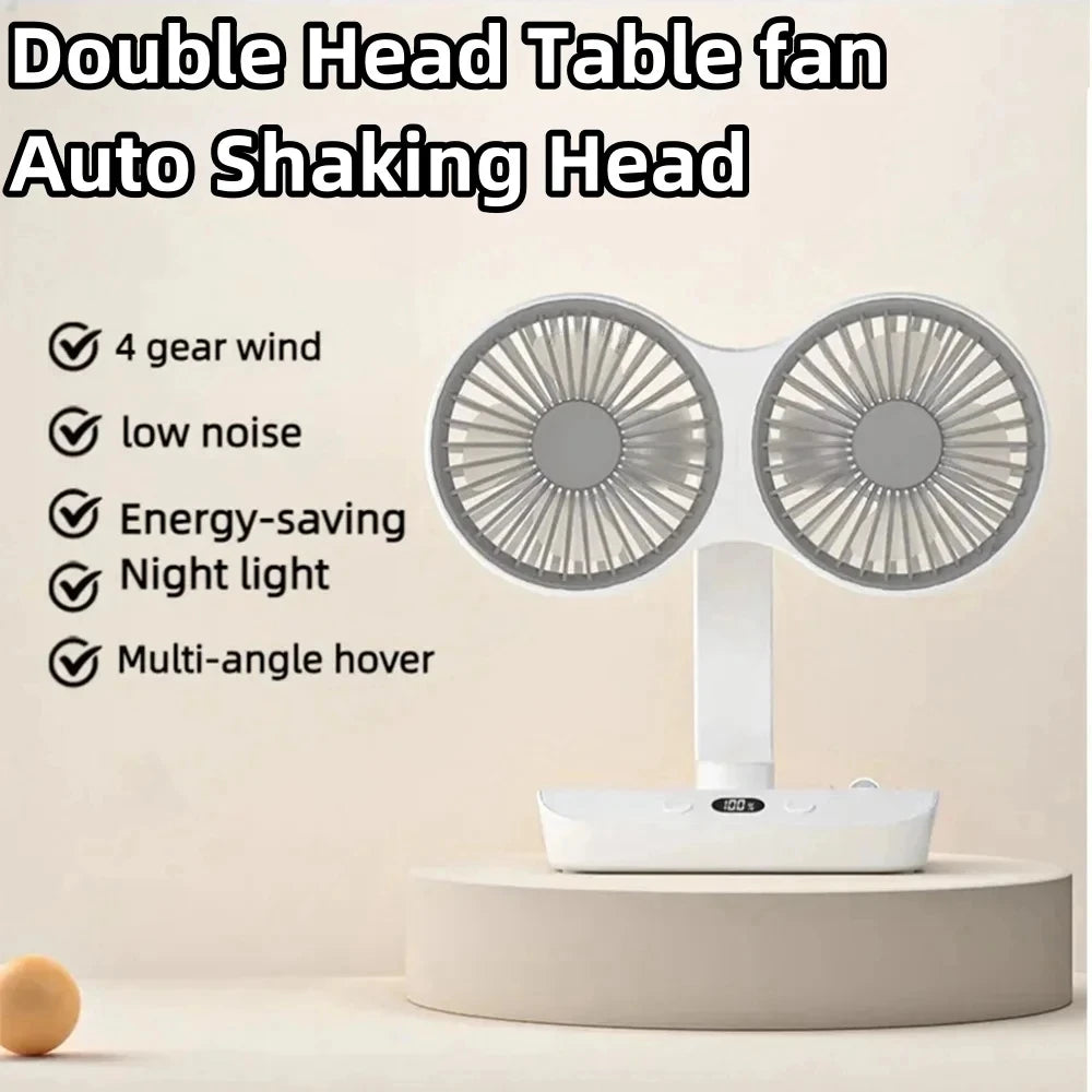 2024 New Desktop Double Head Fan 4-Gears Wind Fast Cooling Digital Display 8000mAh Large Capacity Household Shaking Head Fan